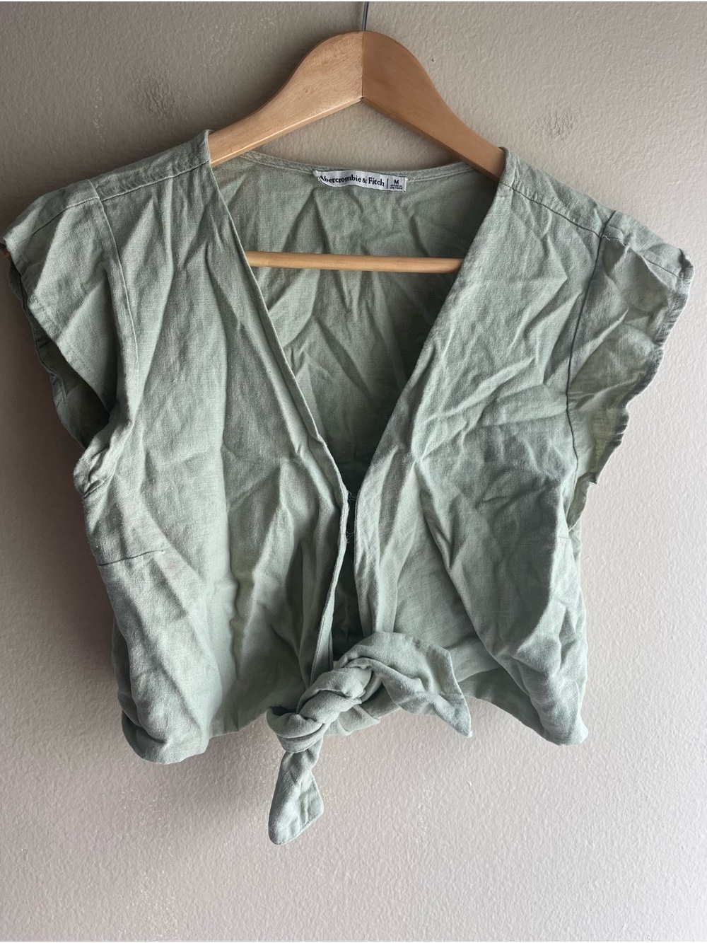 Abercrombie & Fitch Women Linen Sage Tie-Front Crop Top Medium